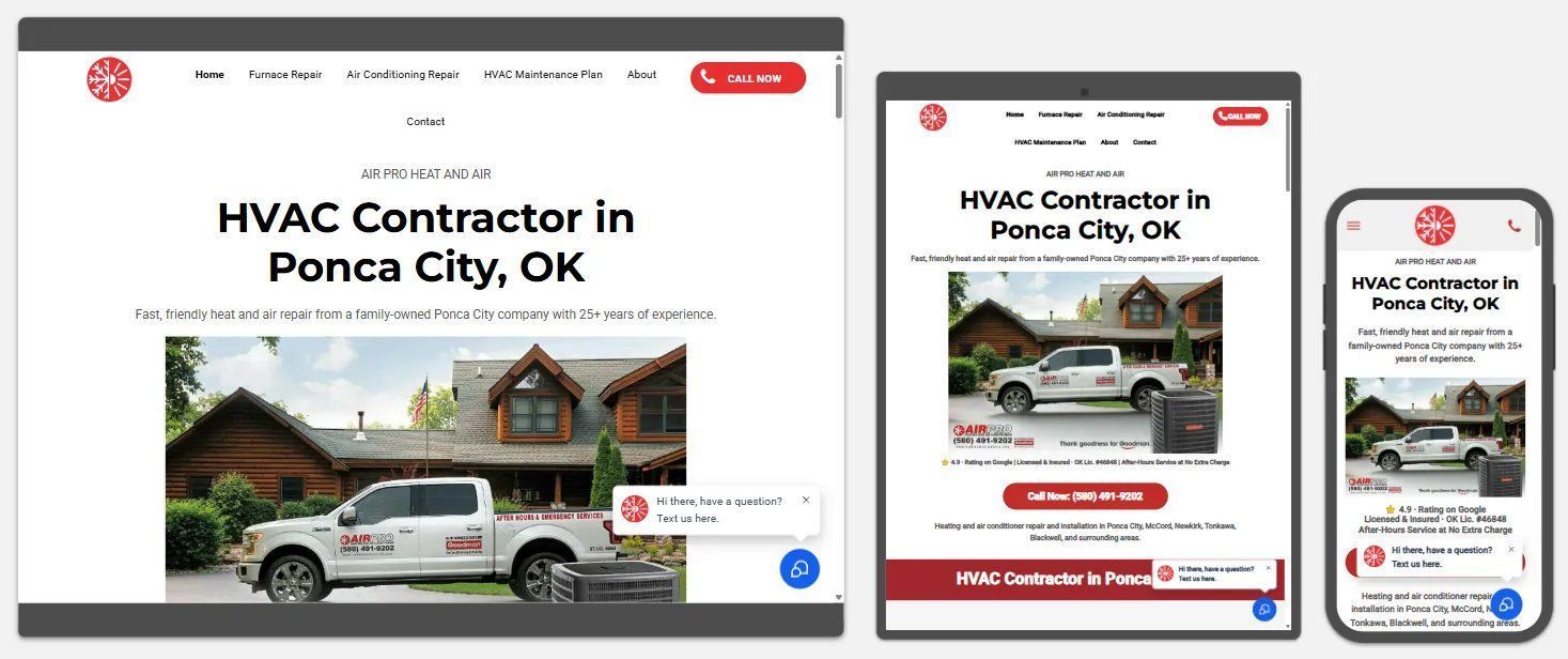 Responsive HVAC contractor website mockup on desktop, tablet, and phone with red accents and a truck photo