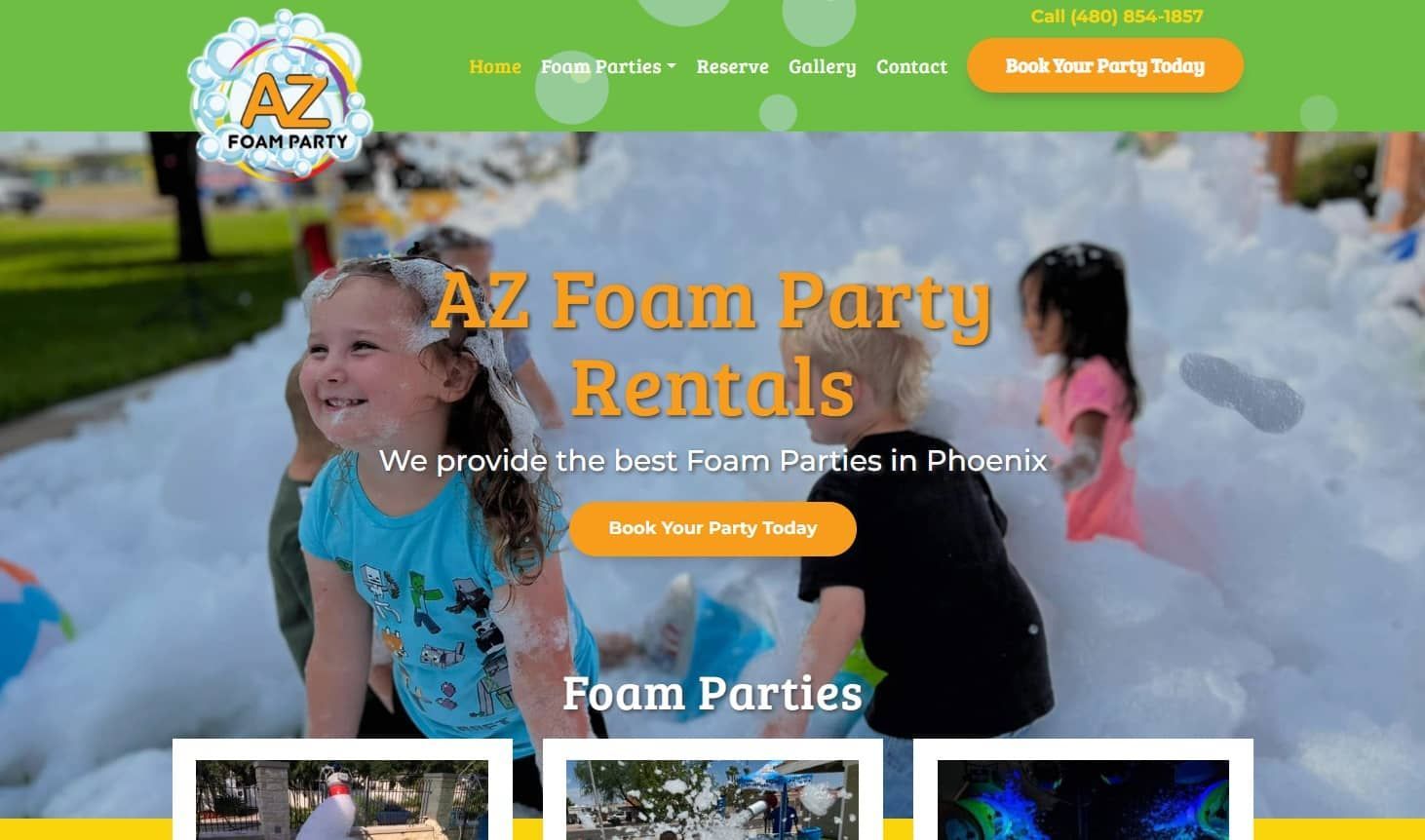 A foam party rental website shows a group of children playing in foam.