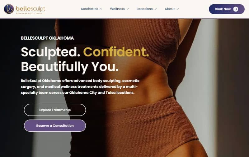 Bellisculpt Oklahoma homepage with close-up torso and headline “Sculpted. Confident. Beautifully You.”