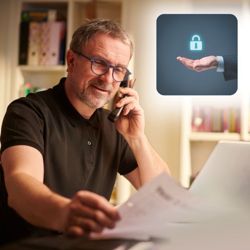 A man is talking on a cell phone while looking at a laptop.