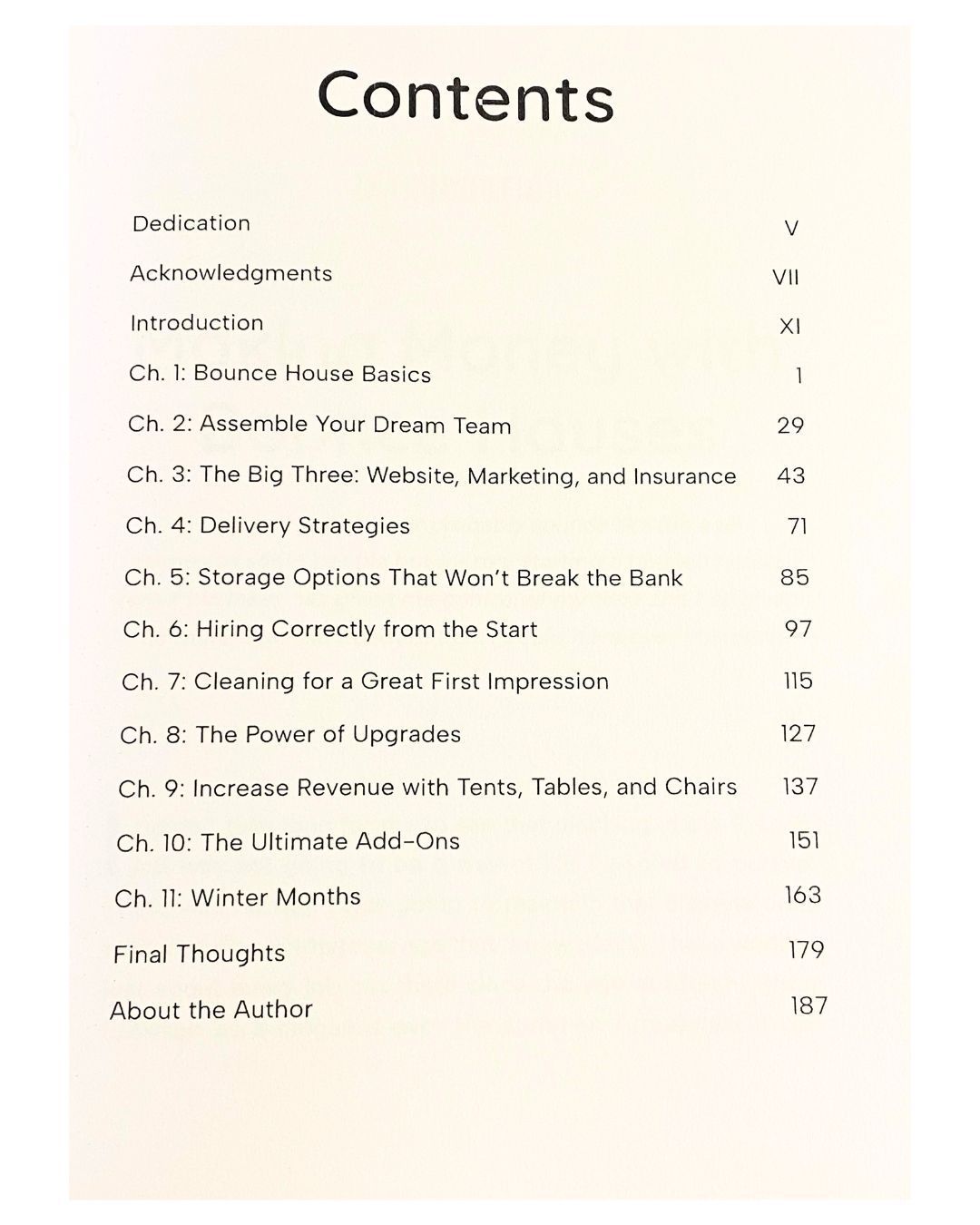 The contents page of a book with a table of contents.