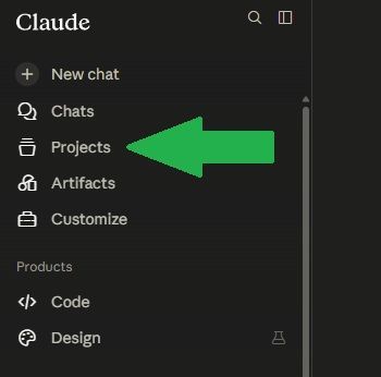 Claude sidebar with a green arrow pointing to the “Projects” menu item.