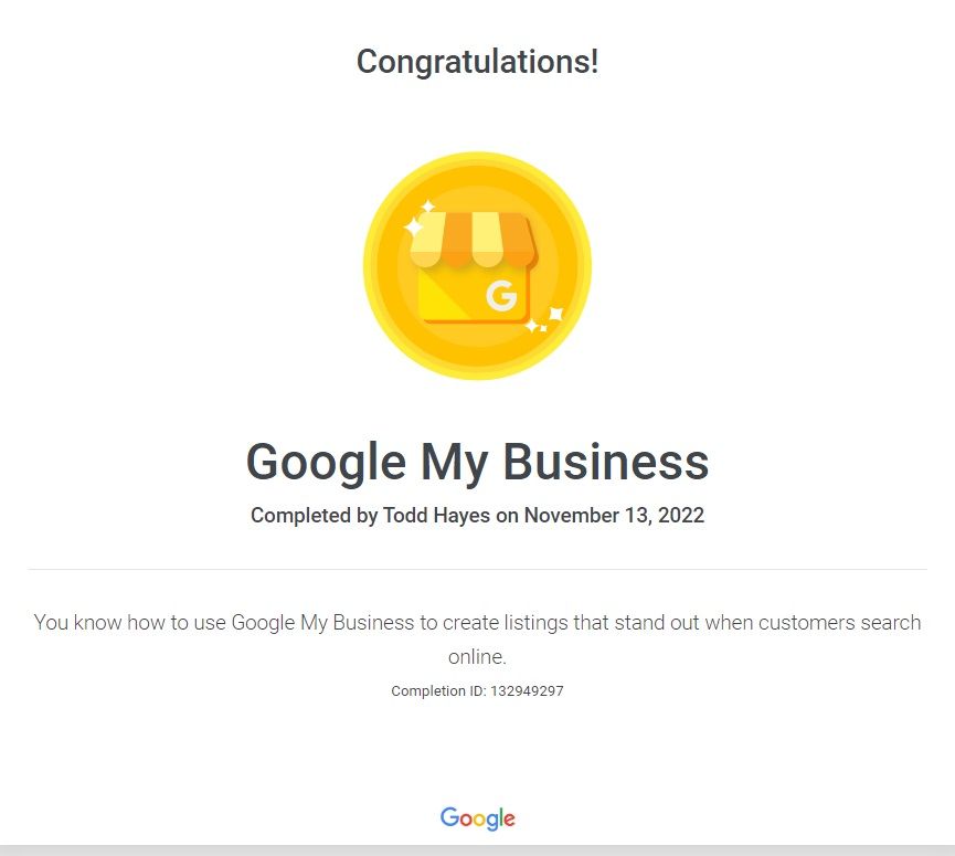 Todd Hayes google my business award certificate