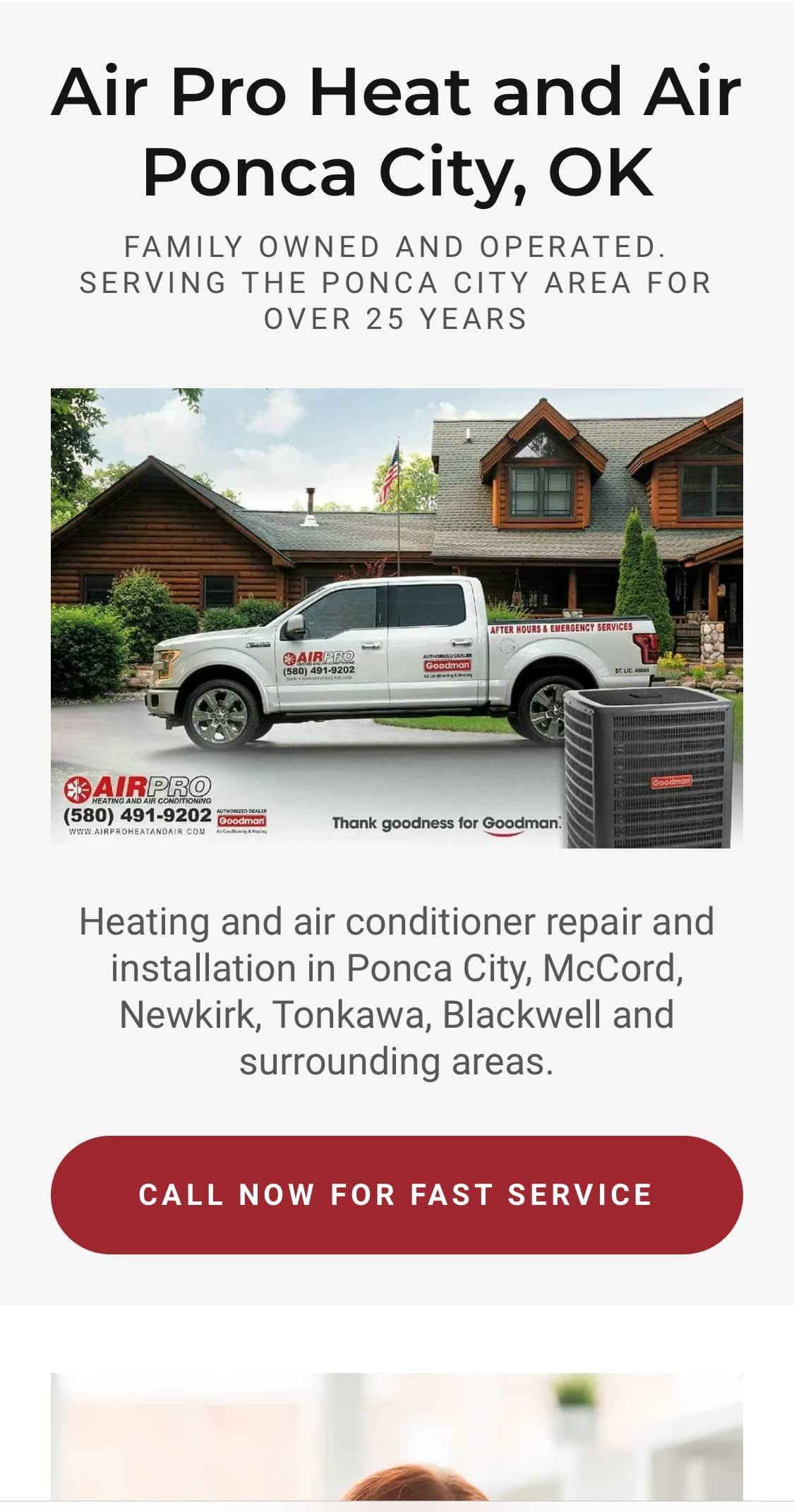 hvac website screen cap with air pro heat and air truck is parked in front of a house.