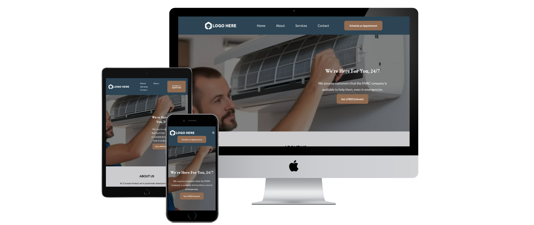A heating and air website shows a man working on an air conditioner on a computer , tablet , and phone.