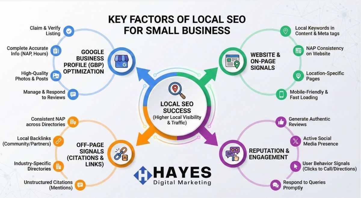 Infographic of local SEO factors for small businesses, with key components like website optimization and engagement.