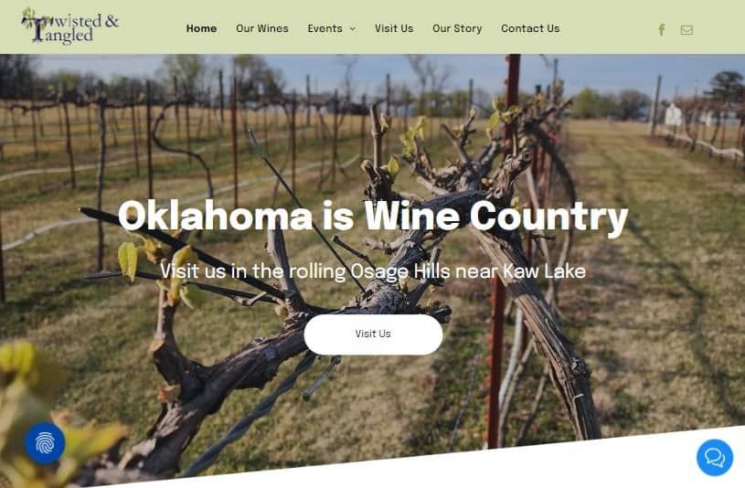 A screenshot of a winery website that says Oklahoma is wine country