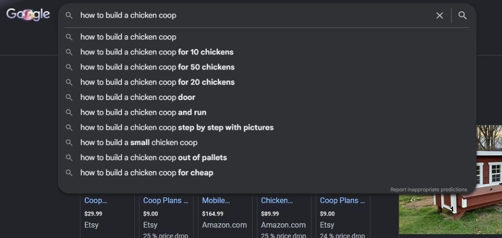 Dark Google search page with autocomplete suggestions