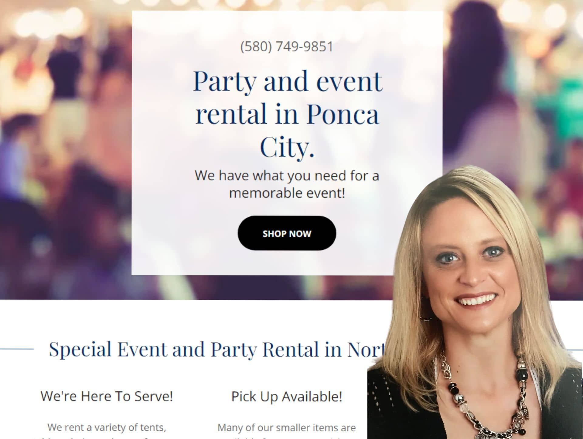 image of female business owner with party rental banner in background