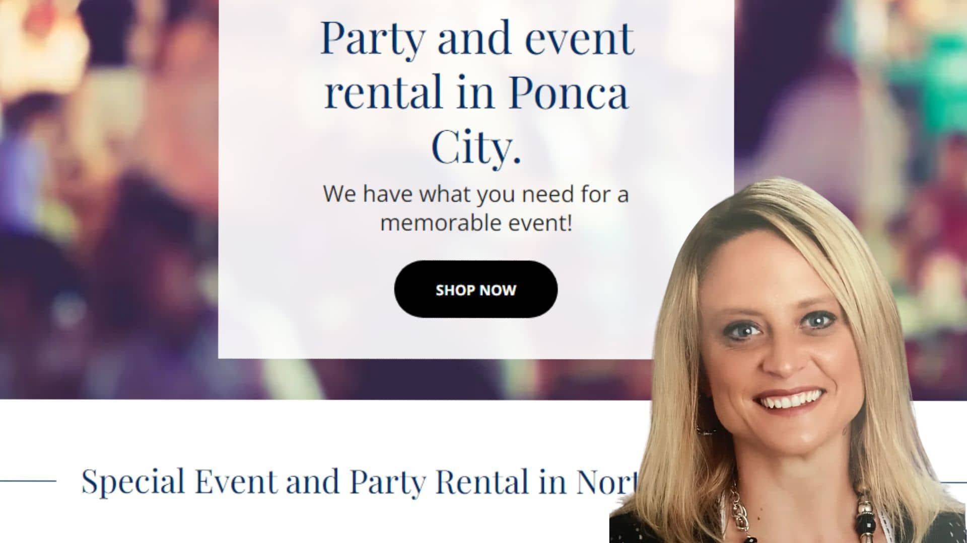 a woman is smiling in front of a banner for party and event rental in ponce city, ok .