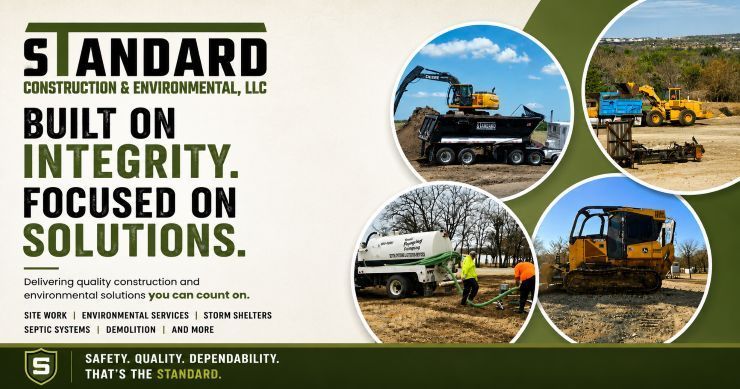 Construction company ad with dump trucks and workers, reading “Built on integrity, focused on solutions”