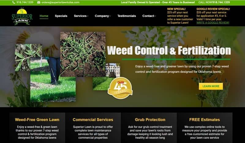 A website for Superior Lawn care weed control and fertilization in Tulsa, Oklahoma.