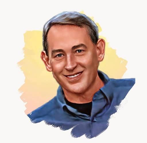 A cartoon of Todd Hayes in a blue shirt is smiling.