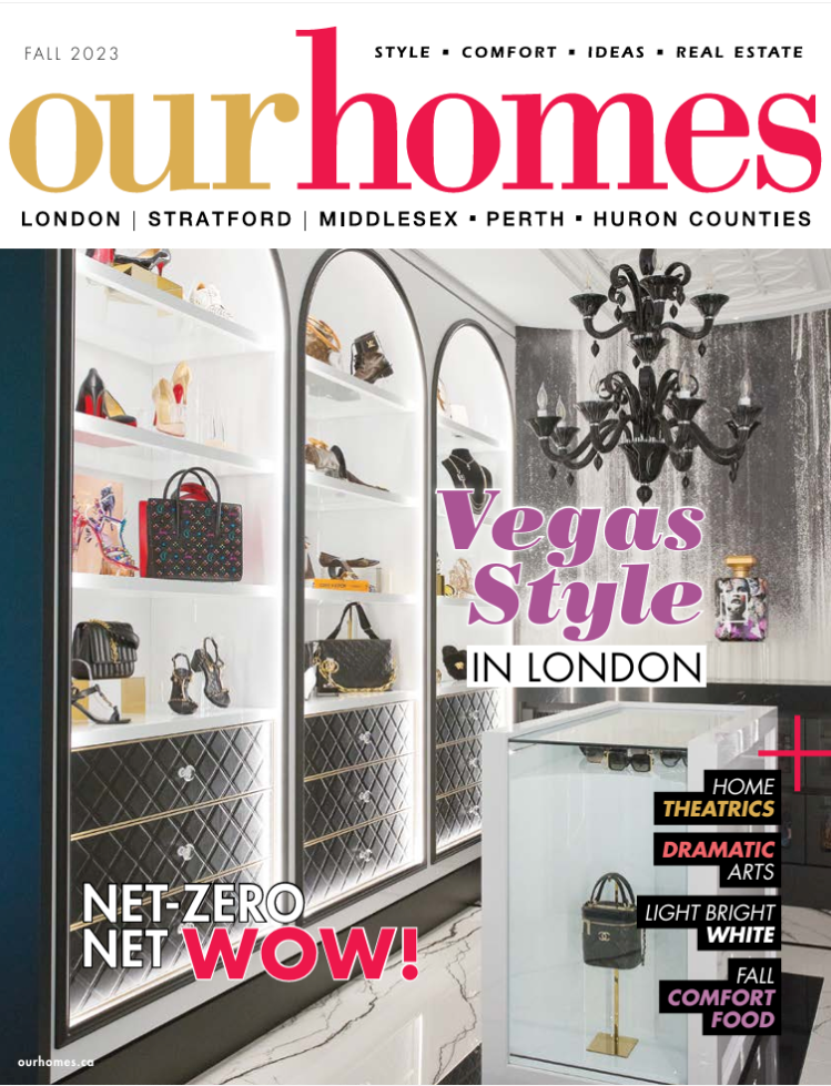 The cover of our homes magazine shows a closet filled with handbags and shoes.