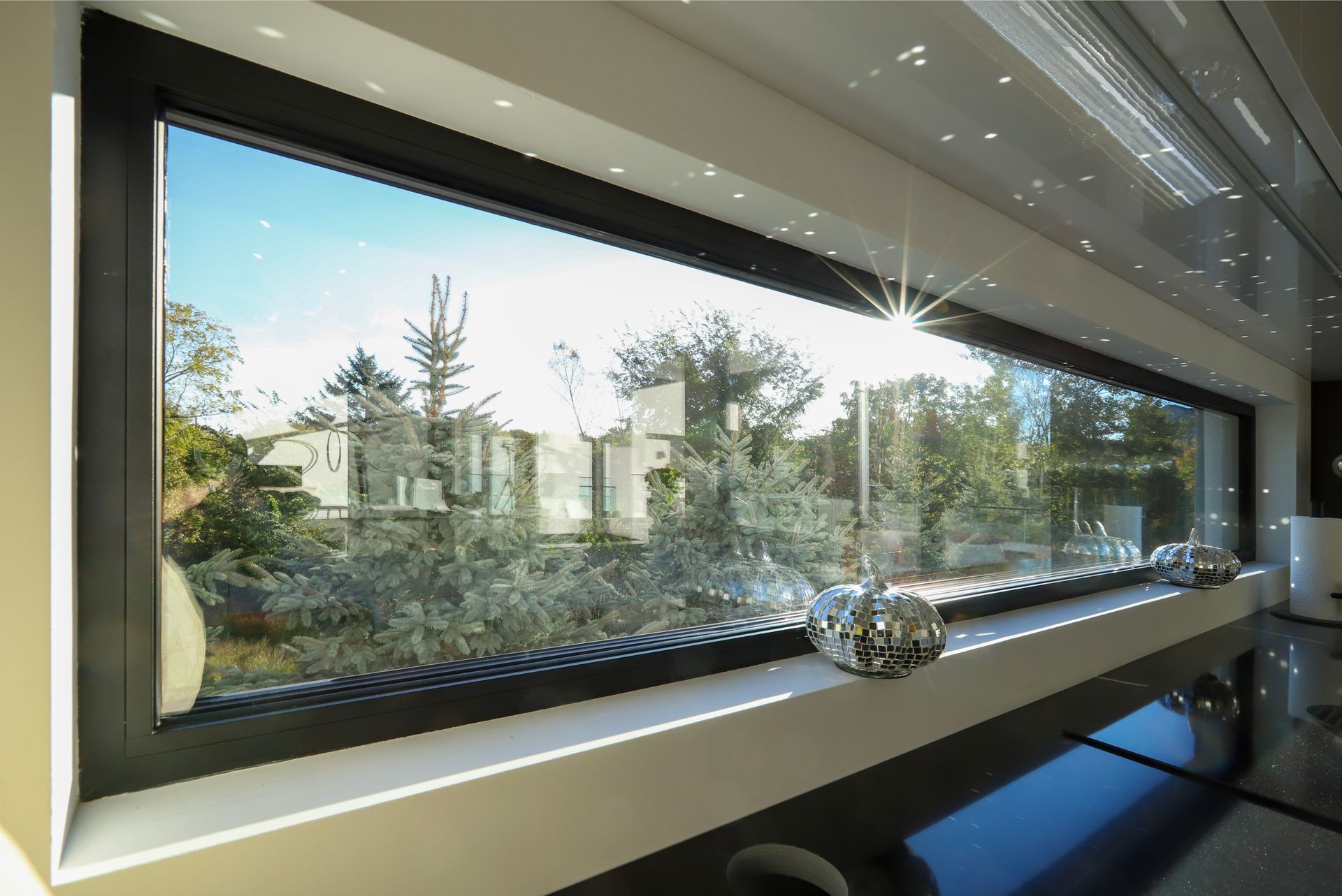 A long, rectangular window with an outdoor view of trees, houses, and bright sunlight.