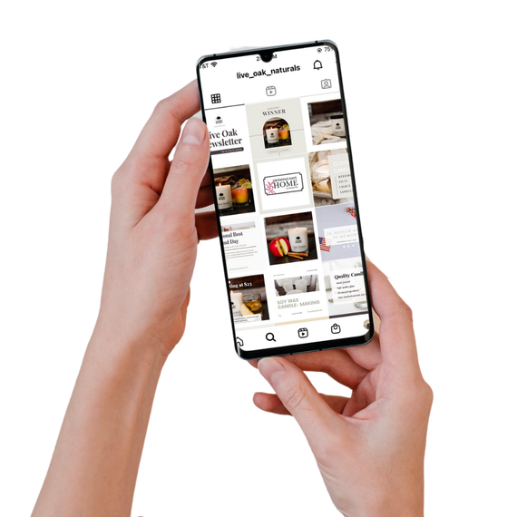 Live Oak Naturals, candle company, instagram feed on a phone