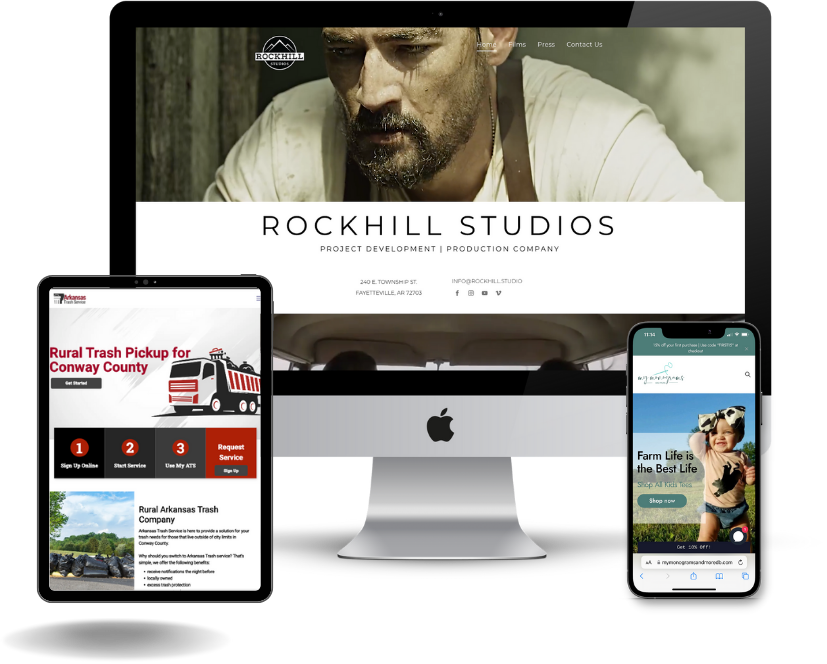 Website development examples on desktop, tablet and mobile