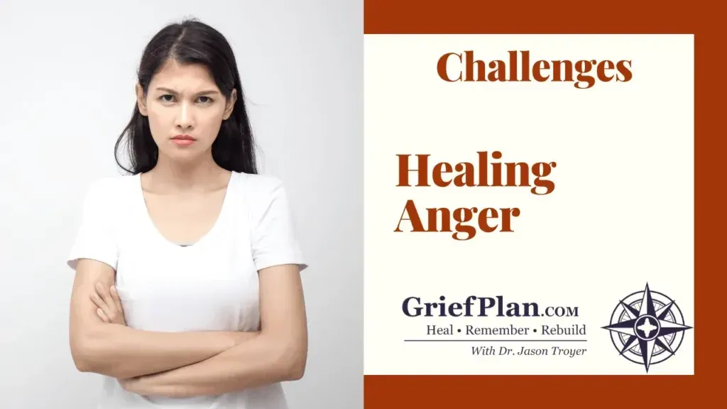 Woman with arms crossed beside poster reading “Challenges” and “Healing Anger,” with GriefPlan logo