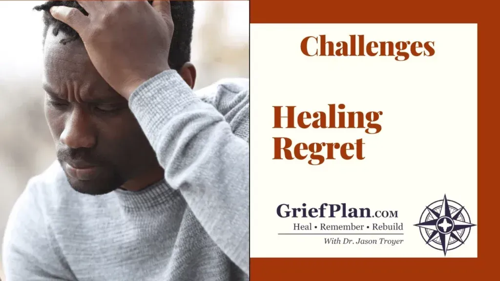 Man holding his head in distress beside a flyer reading “Challenges, Healing, Regret” and “GriefPlan”