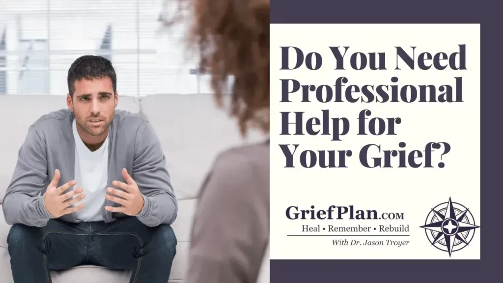 Man sitting on a couch beside a grief support ad reading “Do You Need Professional Help for Your Grief?”