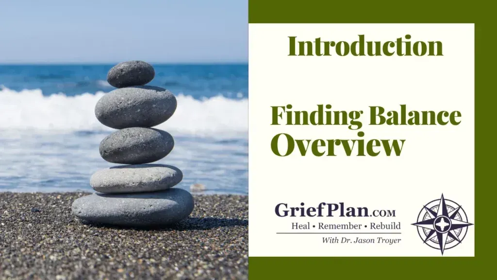 Stacked stones on a beach beside a slide titled “Introduction: Finding Balance Overview”