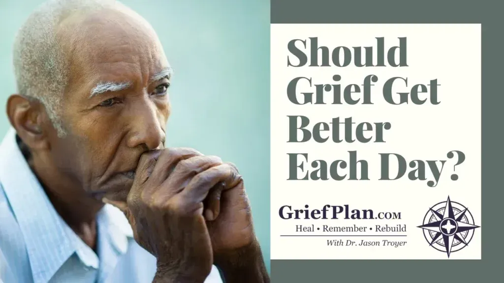 Man looking down in thought beside text: “Should Grief Get Better Each Day?” from GriefPlan.