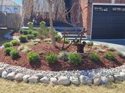 A garden bed with dark grey stone retaining walls, surrounded by green lawn, filled with shrubs and dark mulch.