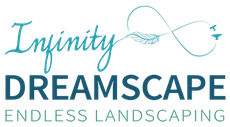 Logo for Infinity Dreamscape featuring blue text with a feather-shaped infinity symbol and birds.