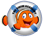 A logo for the swim academy with a smiling clown fish