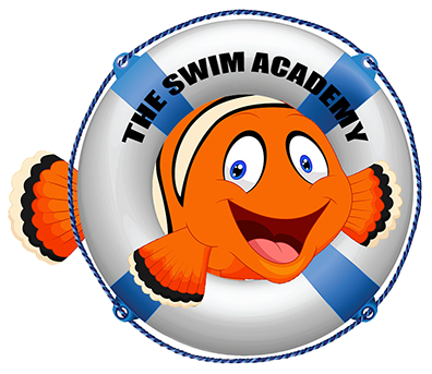 A logo for the swim academy with a smiling clown fish