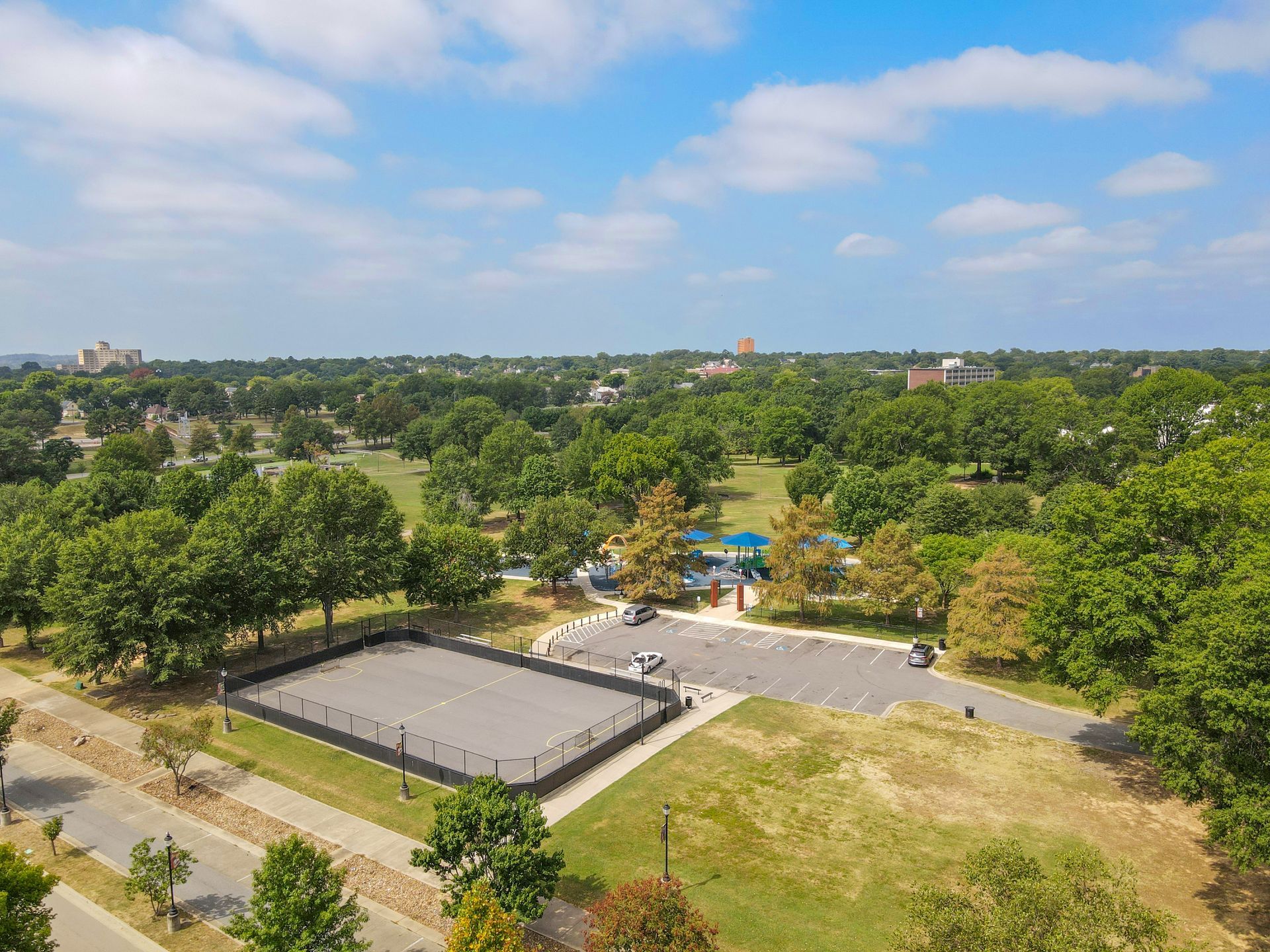 An aerial view of a basketball court in a park surrounded by trees.