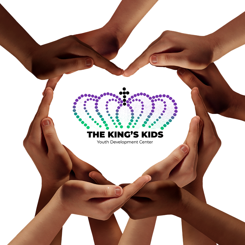 A group of hands making a heart shape with a purple and green crown inside it