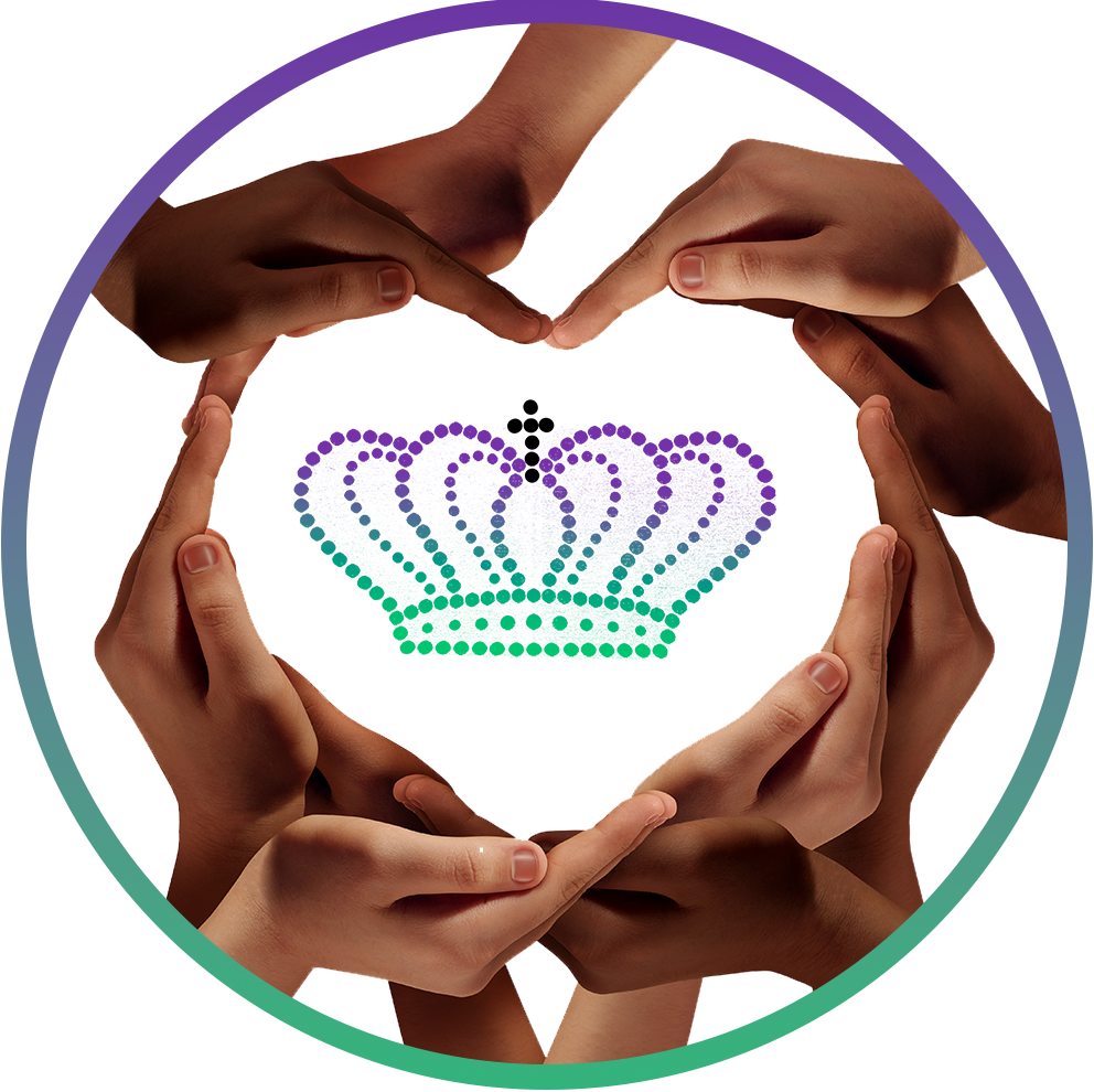 A group of hands making a heart shape with a purple and green crown inside it