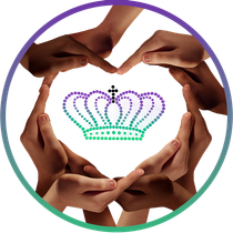 A group of hands making a heart shape with a purple and green crown inside it