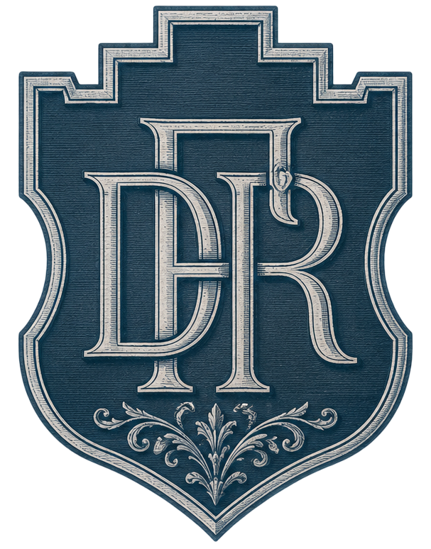 Escudo con monograma azul, letras plateadas ornamentadas y adornos decorativos sobre un emblema en forma de escudo.