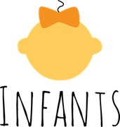 A yellow baby with an orange bow and the word infants below it