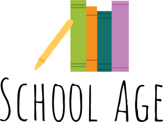A logo for school age with a stack of books and a pen.