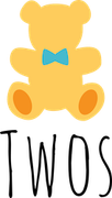 A yellow teddy bear with a blue bow tie is sitting next to the word twos.