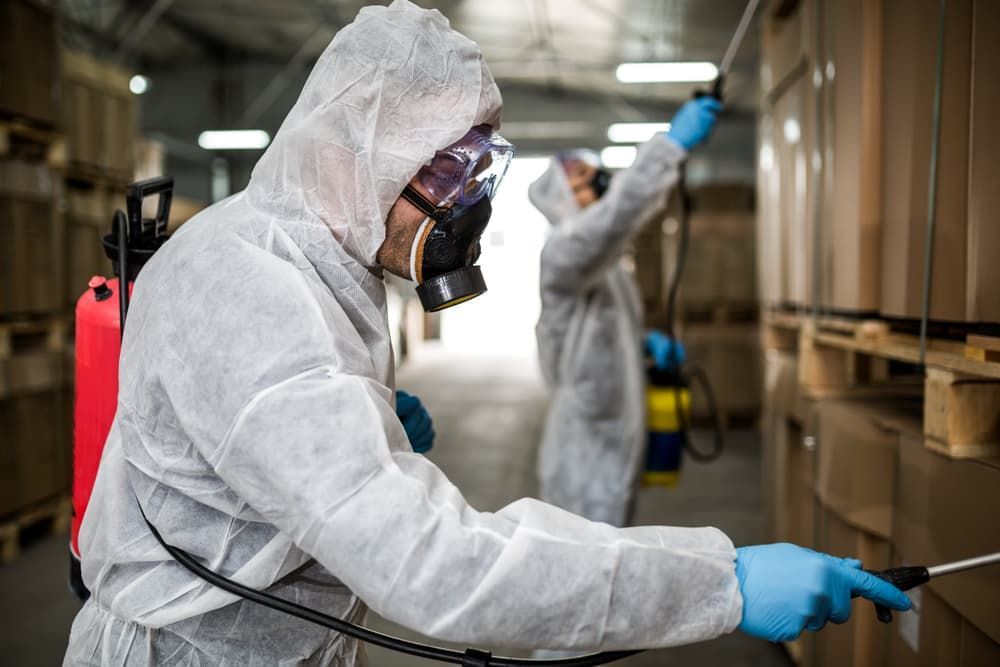 A Man in A Protective Suit Is Spraying a Warehouse with A Sprayer — Pest Control Central Coast in Gosford, NSW