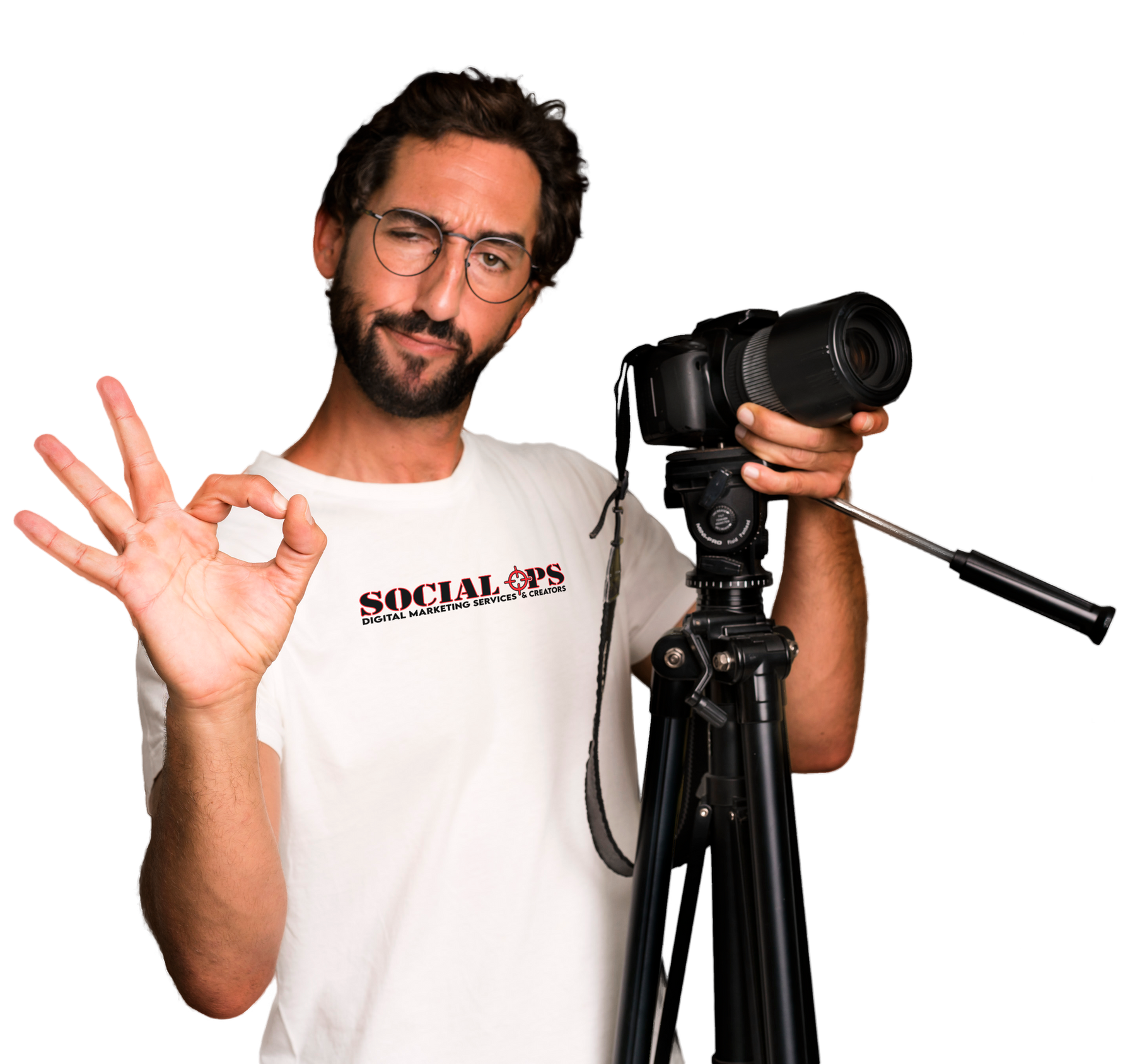 A man is holding a camera on a tripod and giving an ok sign