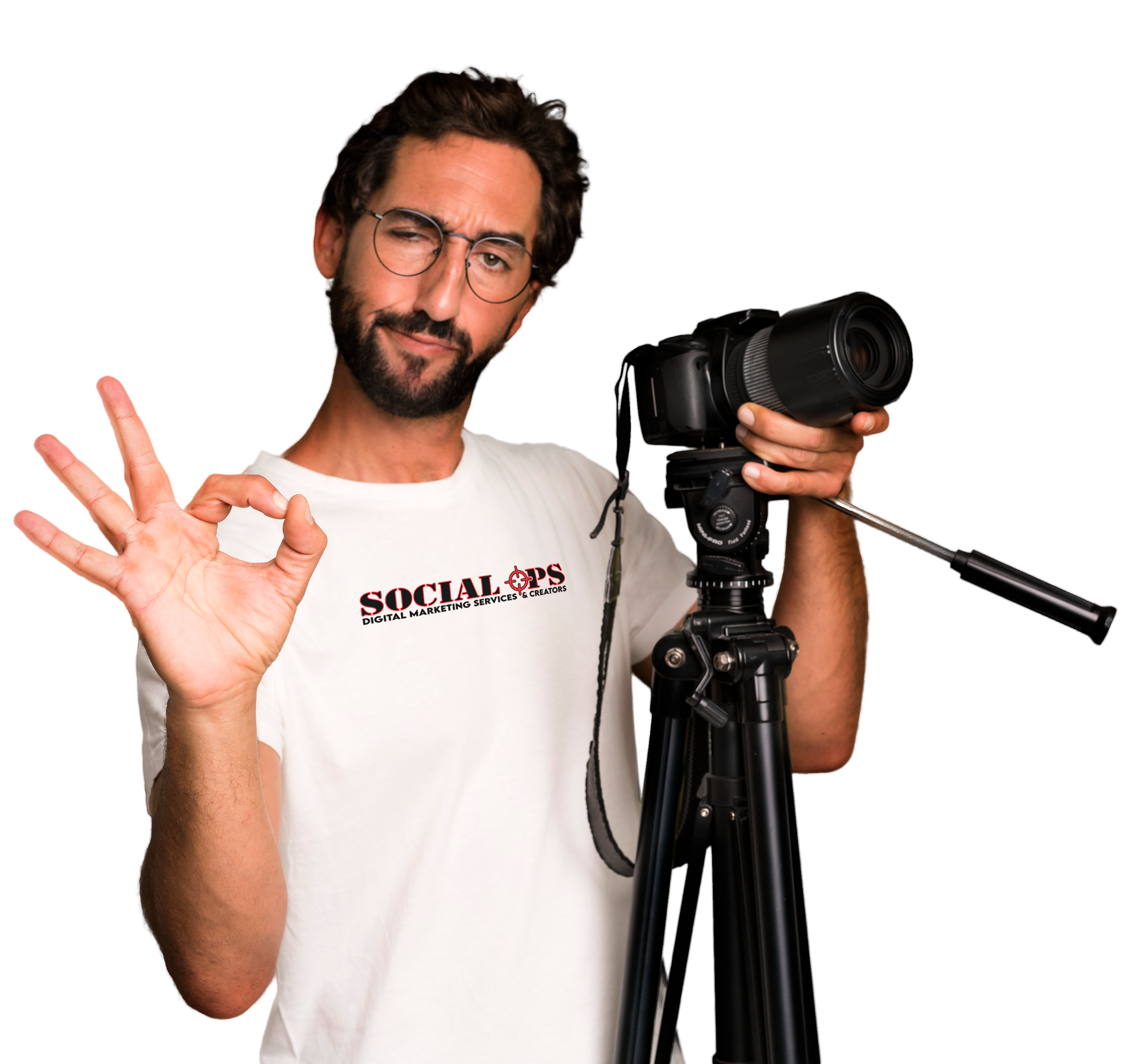 A man is holding a camera on a tripod and giving an ok sign