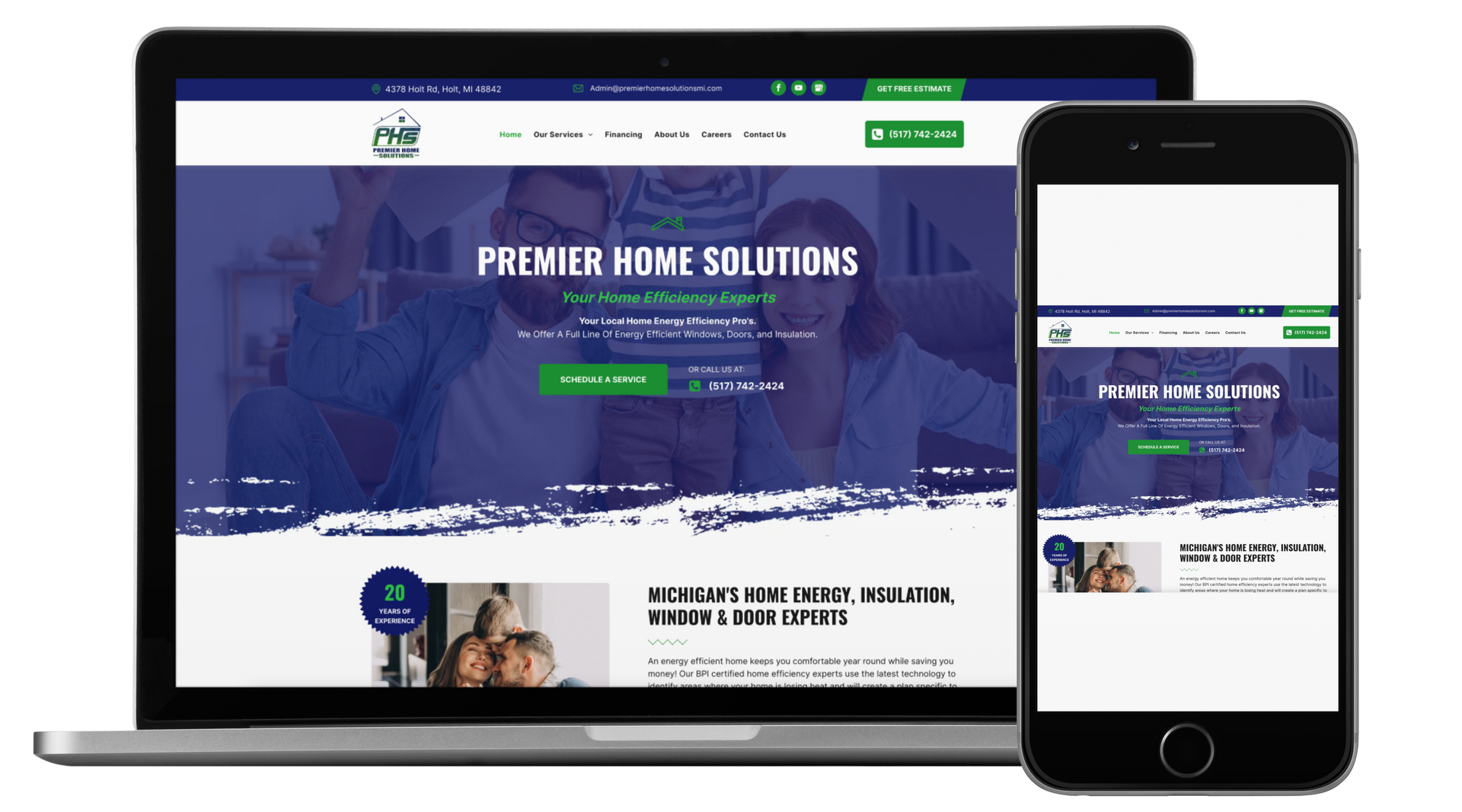 A laptop and a cell phone are displaying a website for premier home solutions.
