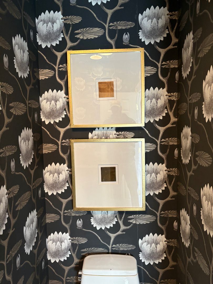 Two framed white squares on dark floral wallpaper above a white toilet tank.