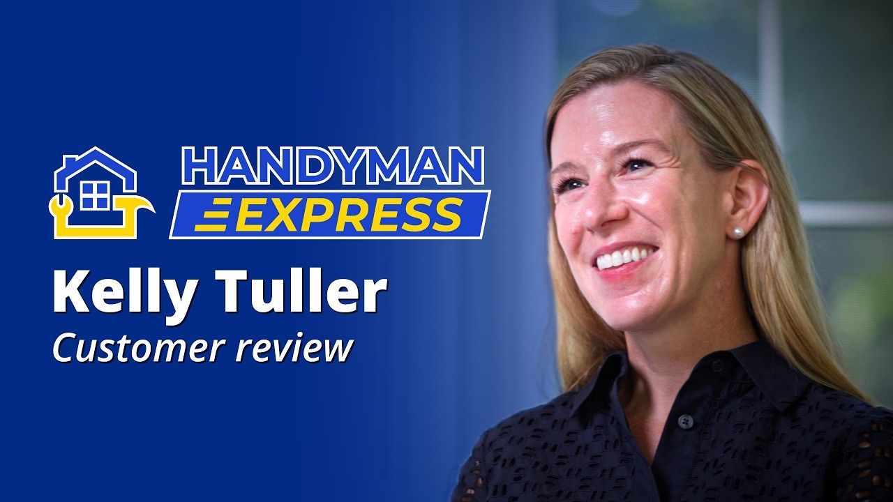 Handyman Express customer review graphic with Kelly Tuller smiling on blue background