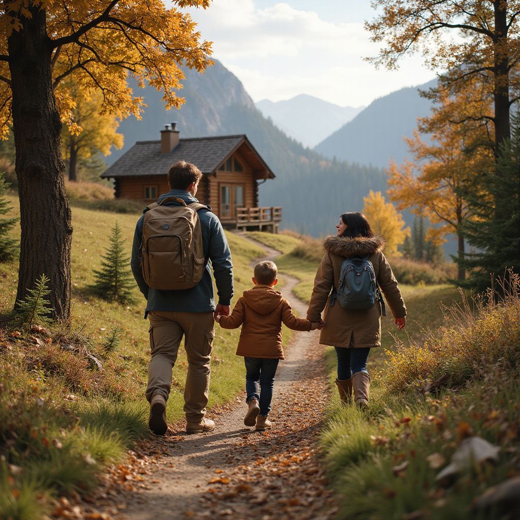 Family hiking on a trail toward a cabin in a mountainous autumn landscape.