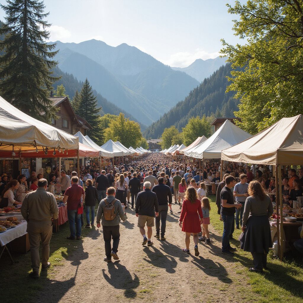 People stroll through a market with white tents, set in a mountain valley.
