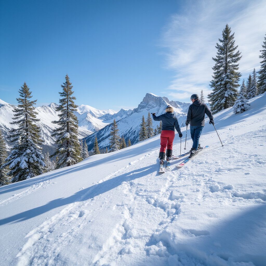 Two people skiing downhill on a snowy slope, with a mountain range in the background.