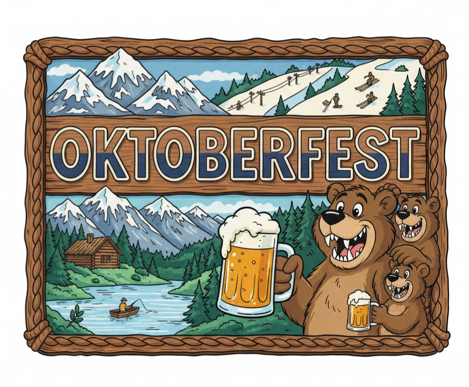 Oktoberfest sign with bears, mountains, beer, and skiers.