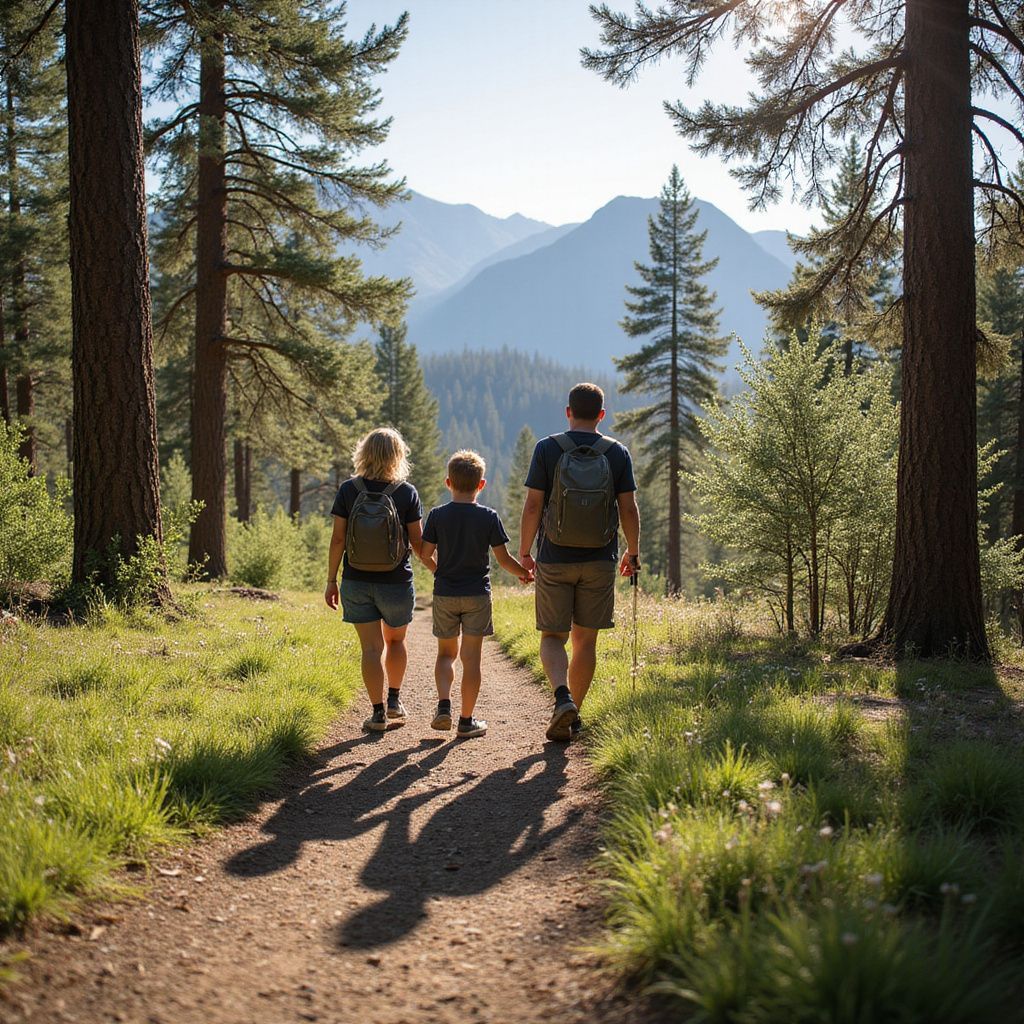 Family hiking on a trail in a sunny forest, holding hands, mountains in the background.