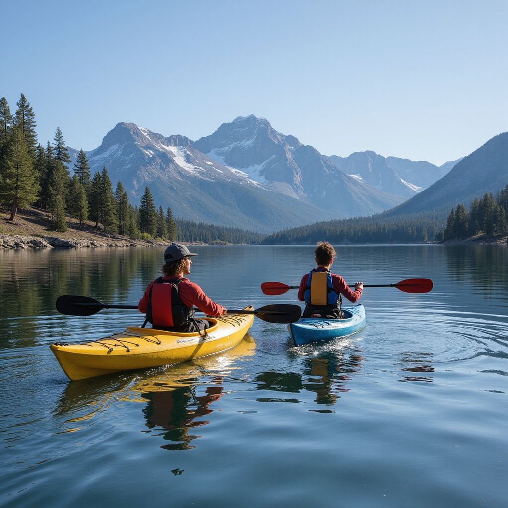 Two people kayaking on a lake, with mountain backdrop. Yellow and blue kayaks, bright sun.
